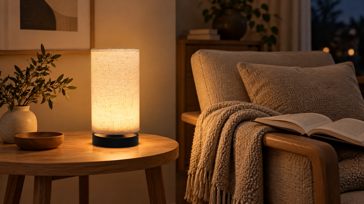 A warm linen-shade table lamp lit in a cosy reading corner