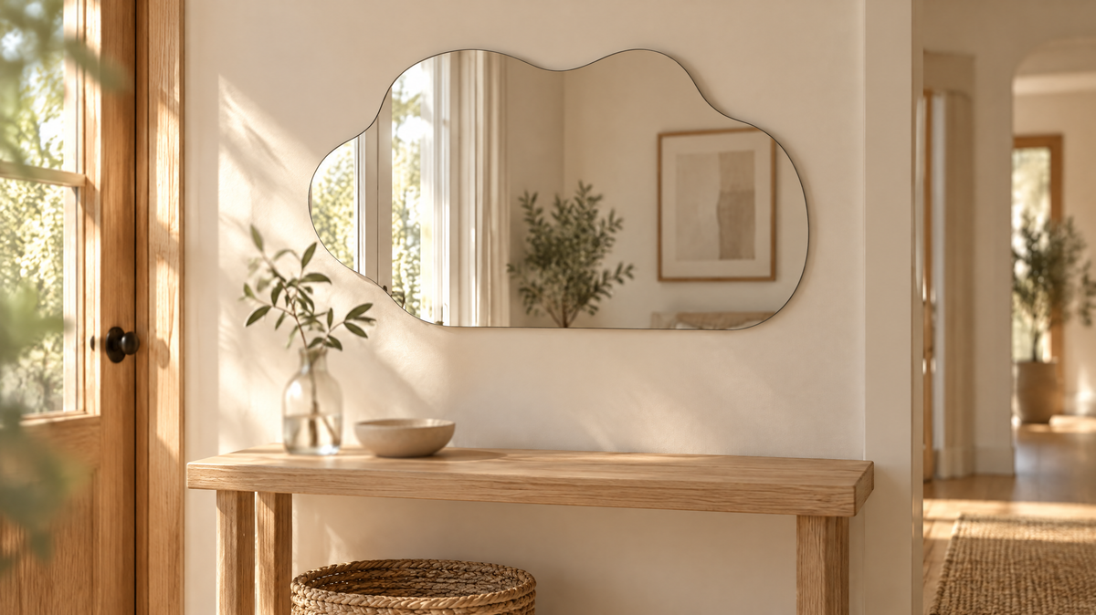 A round wall mirror hung above a console table in a bright entryway