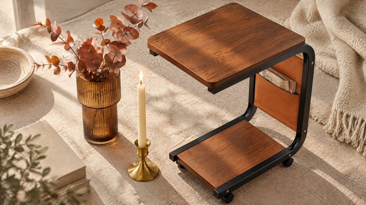 A wooden side table, ribbed amber glass vase, and brass candlestick styled together, showing solid wood, glass, and brass materials up close