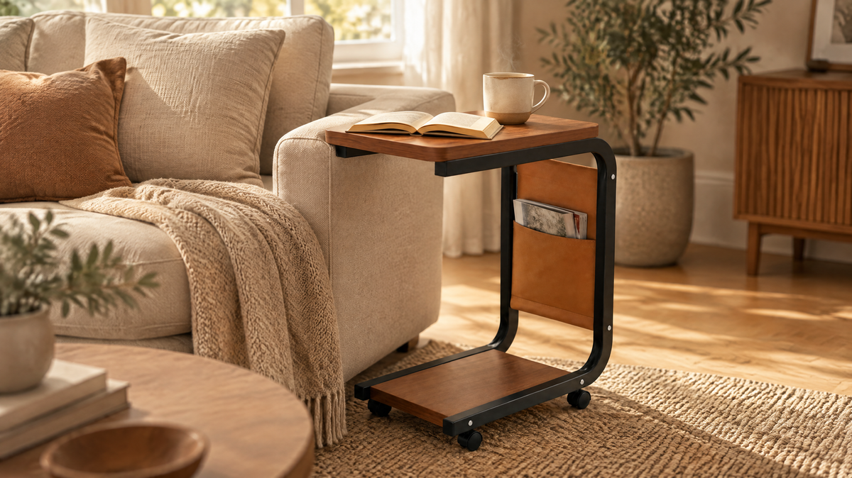 Side Table Igor, a solid wood and black metal side table, styled beside a sofa in a warm living room