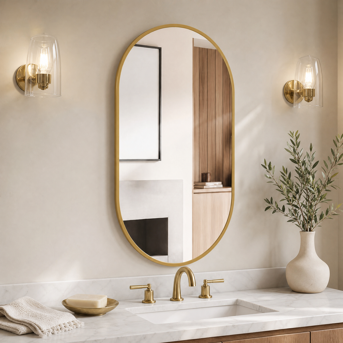 Wall Mirror Simona — slim oval mirror in matte gold frame, styled above a bathroom vanity