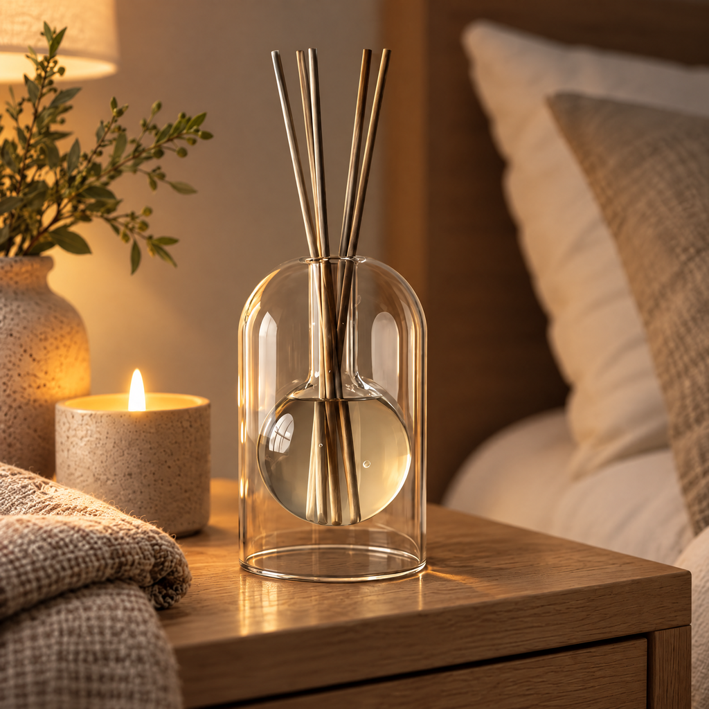 Diffuser Zora with its reed sticks on a nightstand beside a lit candle, warm evening light