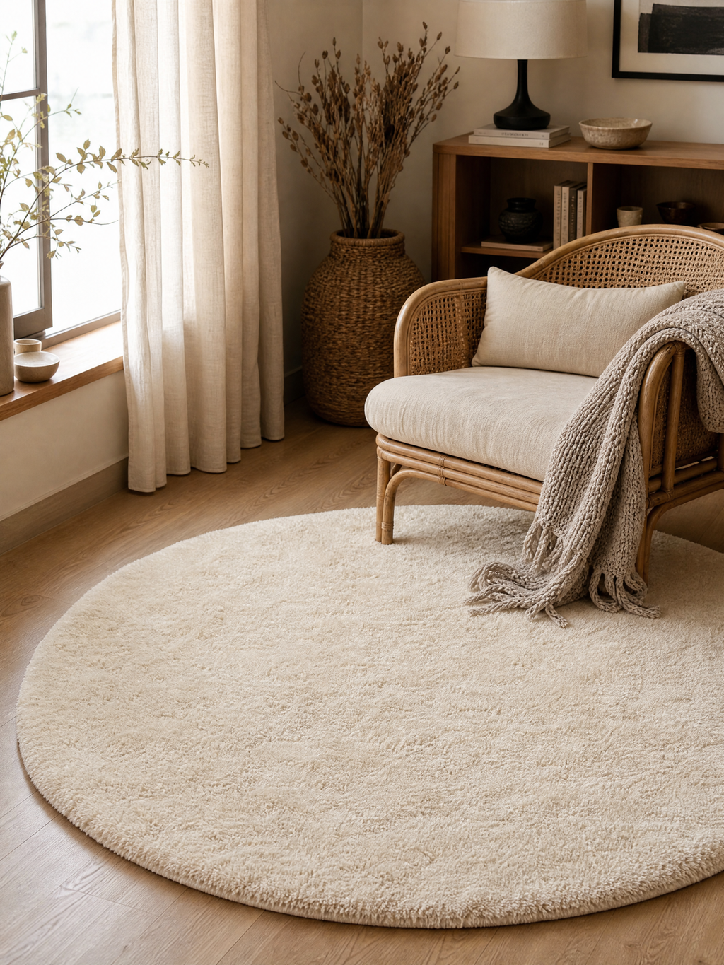 Round Rug Natália in a warm Scandinavian living room nook with a rattan armchair and woven basket