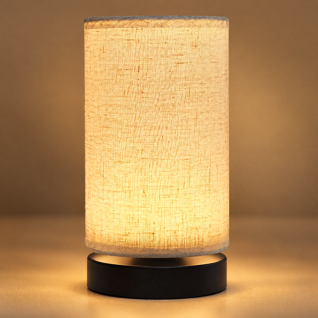 Close-up of Table Lamp Rastislav's linen-textured shade and black base
