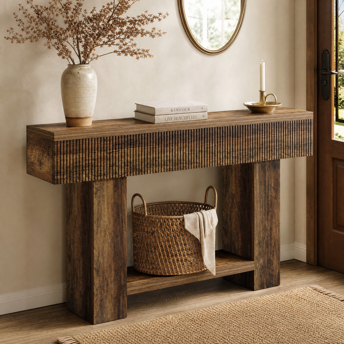 Console Table Martin - rustic reeded console table styled in a warm entryway