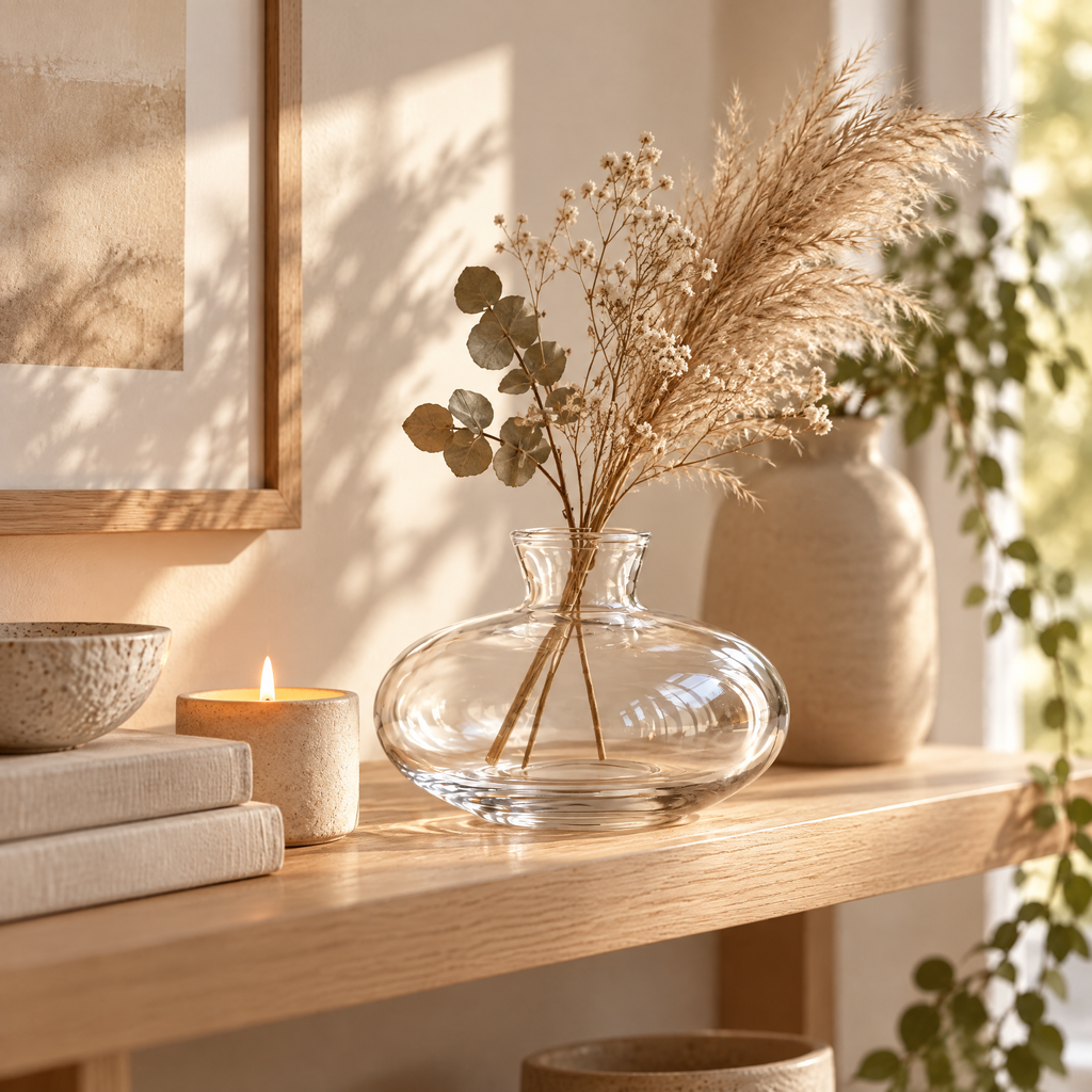 Vase Karina styled on a wooden shelf with dried pampas grass and eucalyptus stems, warm afternoon light