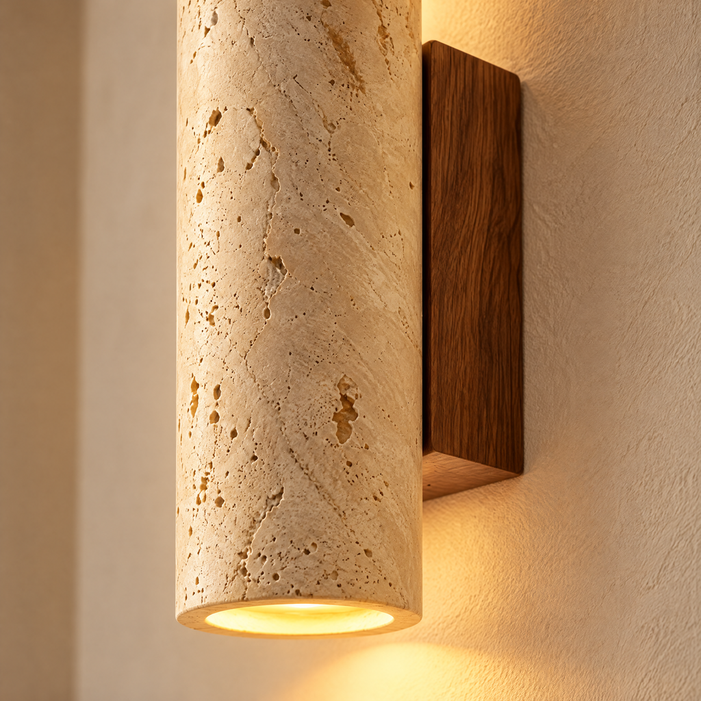 Close-up of Wall Lamp Oskar's natural travertine stone texture and wood mounting block