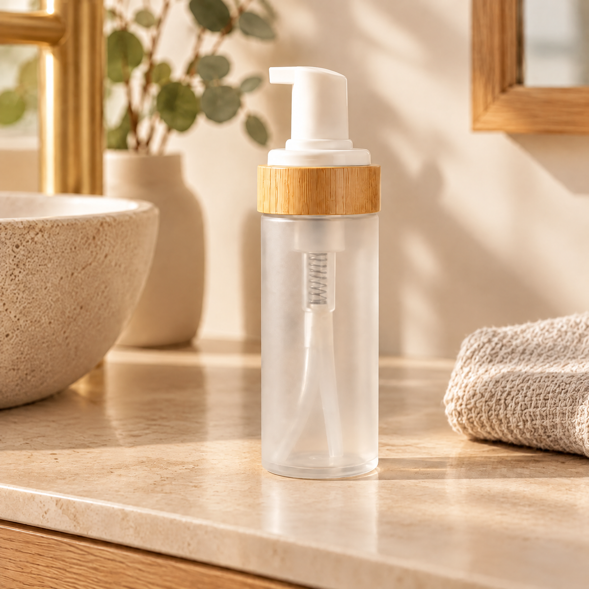 Dispenser Nela — frosted glass bottle body on a warm bathroom vanity