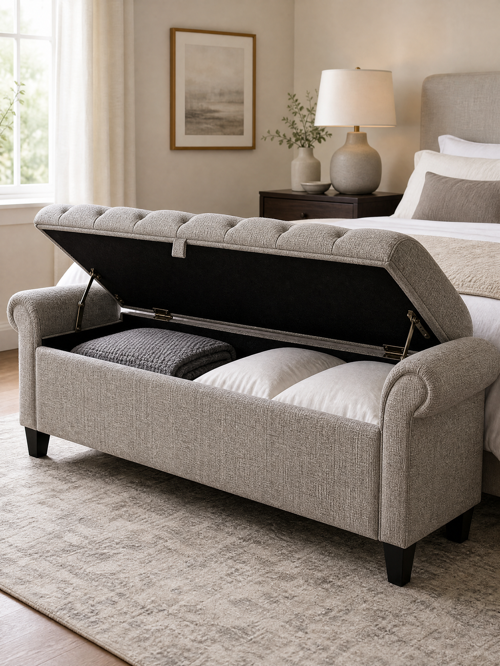 Storage Bench Renáta storage compartment open showing a folded blanket and pillows