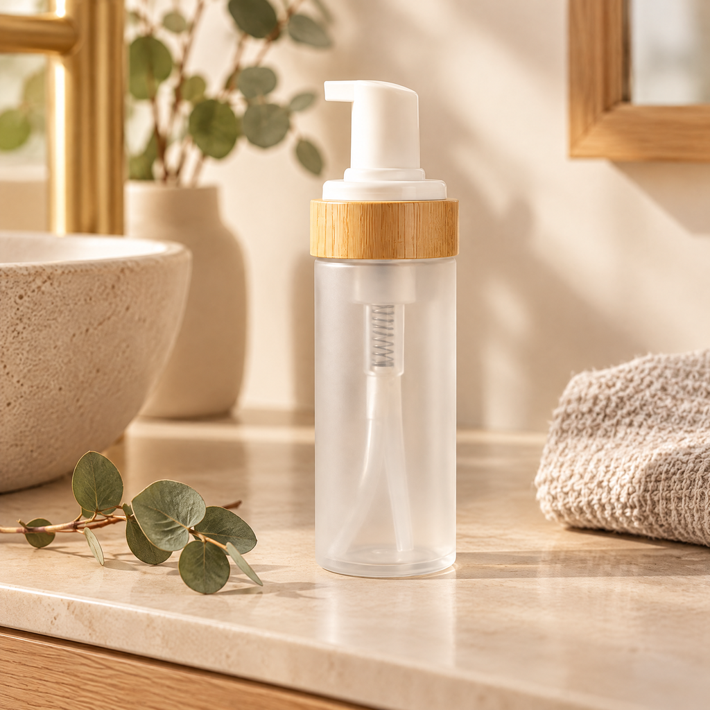 Dispenser Nela — bamboo foam pump soap dispenser on a warm bathroom vanity