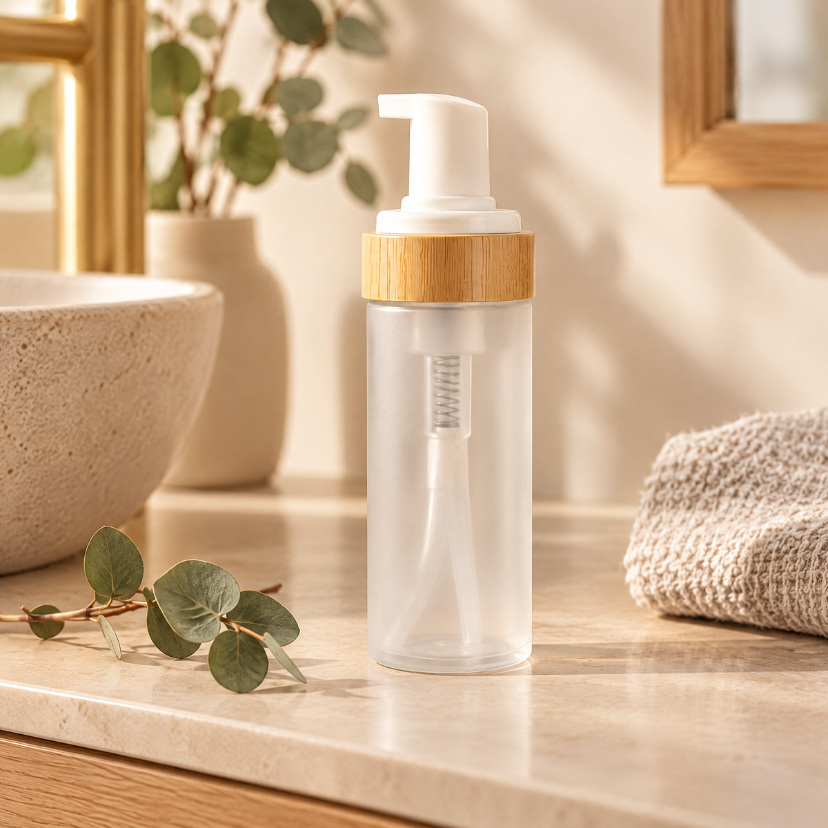 Dispenser Nela — bamboo foam pump soap dispenser on a warm bathroom vanity