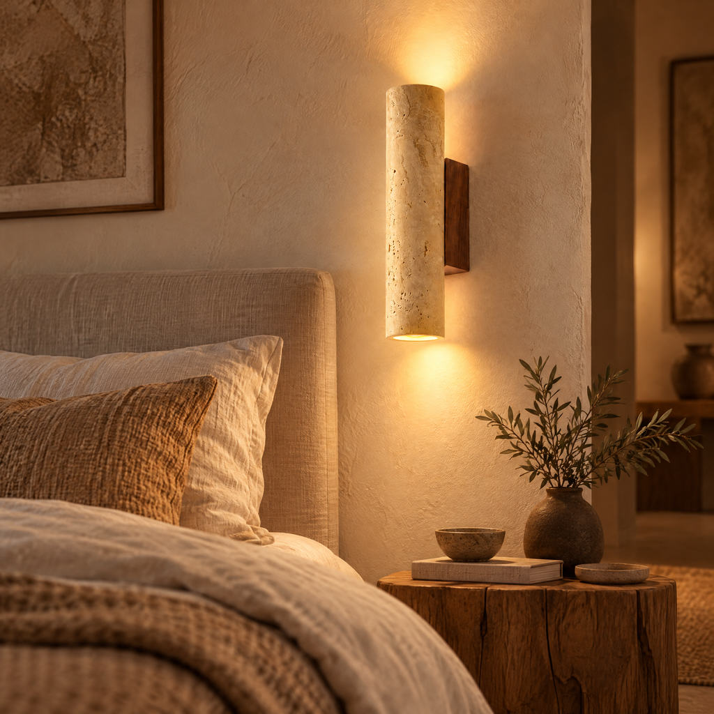 Wall Lamp Oskar mounted beside a bed, its travertine stone glowing warmly in the evening