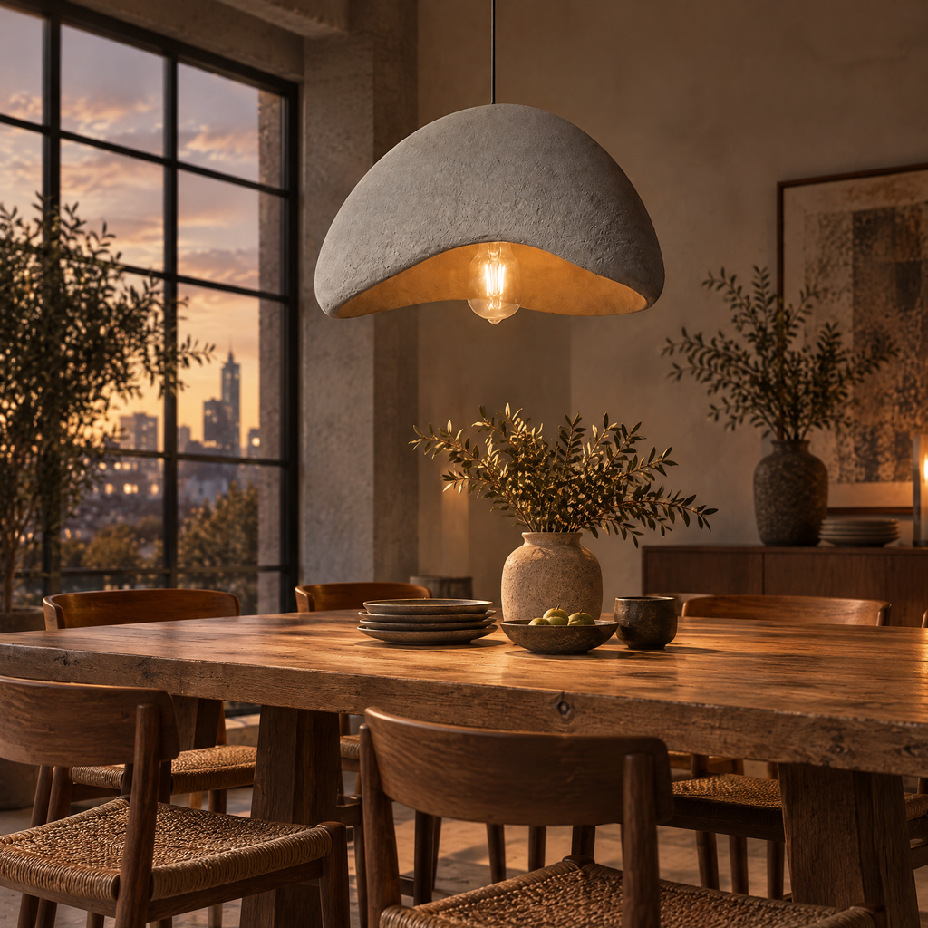 Chandelier Adrian hanging low over a wooden dining table at dusk, warm bulb glow through its cement-textured dome