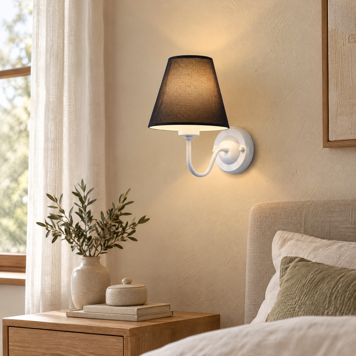 Wall Sconce Milan white body with black fabric shade