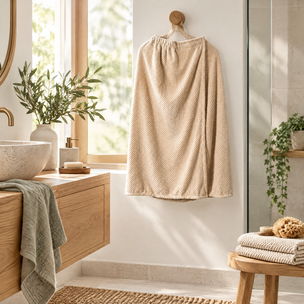 Shower Wrap Pavla hanging in a calm Scandinavian bathroom