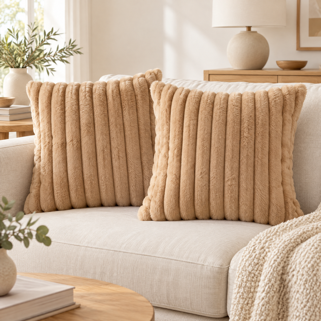 Ruzena faux fur cushion covers in camel on a cream sofa