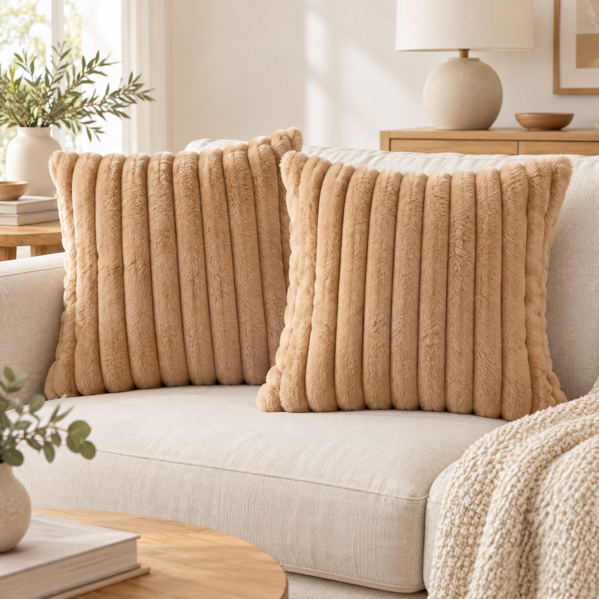 Ruzena faux fur cushion covers in camel on a cream sofa