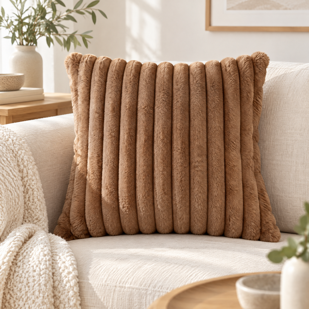 Ruzena faux fur cushion cover in brown