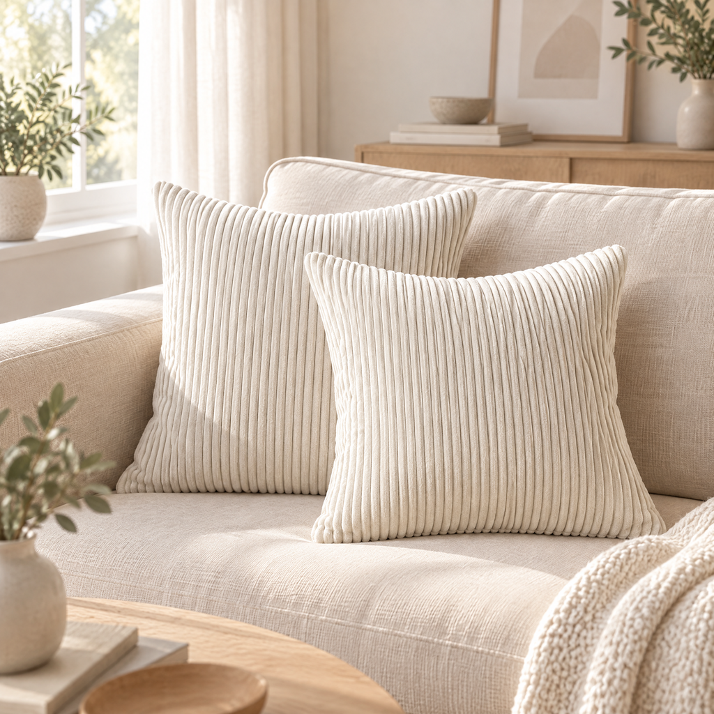 Valentina corduroy cushion covers in ivory white on a cream sofa
