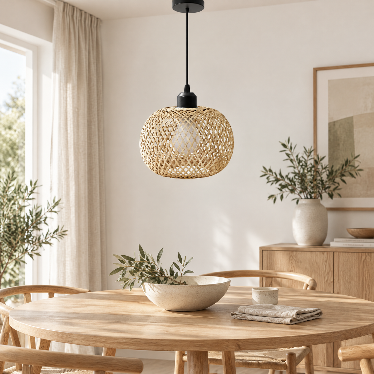 Pendant Lamp Rudolf, a woven bamboo pendant light, hanging above a light oak dining table