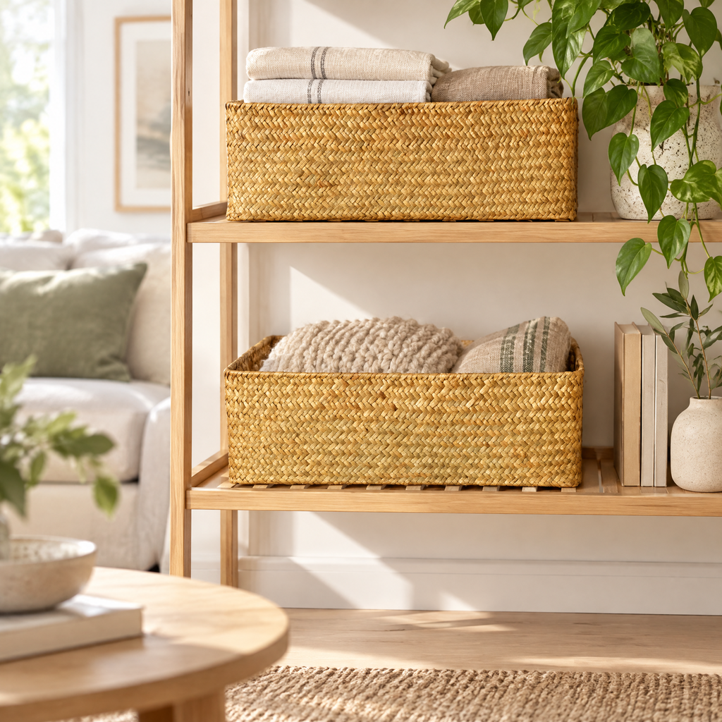 Seagrass Basket Lýdia on a light oak shelf holding folded linen towels and a knitted blanket