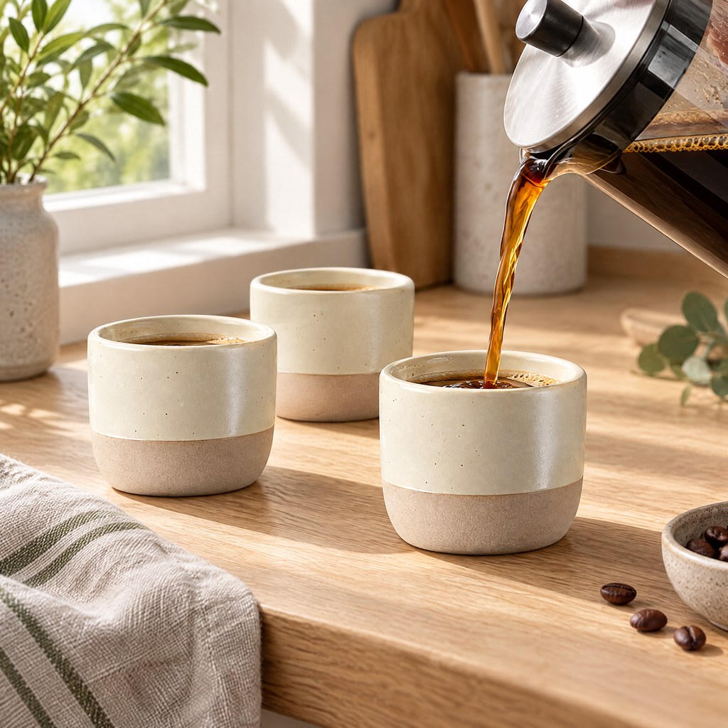 Coffee Mug Zdenka, cream ceramic cups on a light oak counter with coffee being poured