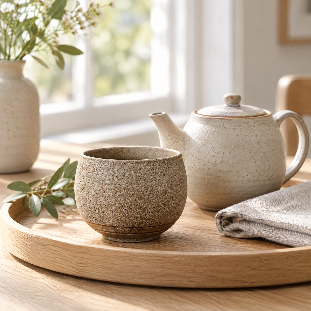 Tea Cup Mária in sand on a light oak tray with a ceramic teapot and a linen napkin