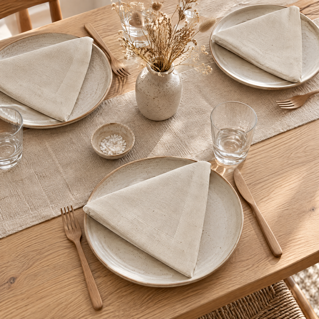 Cloth Napkins Emília in natural, one folded napkin on each plate of a set oak dining table