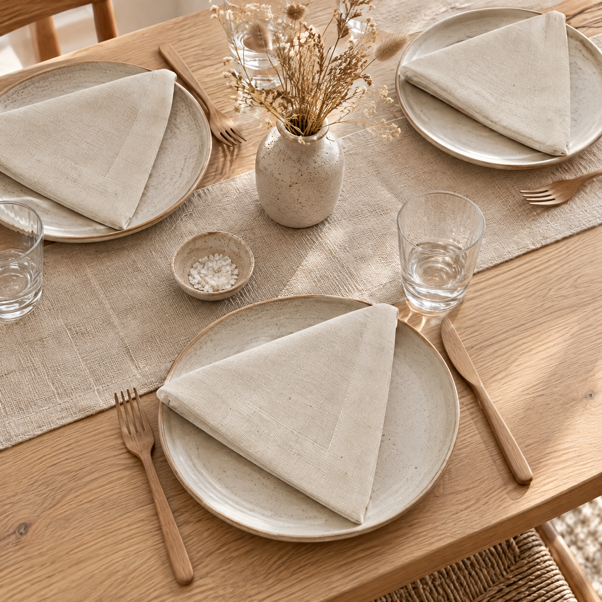 Cloth Napkins Emília in natural, one folded napkin on each plate of a set oak dining table