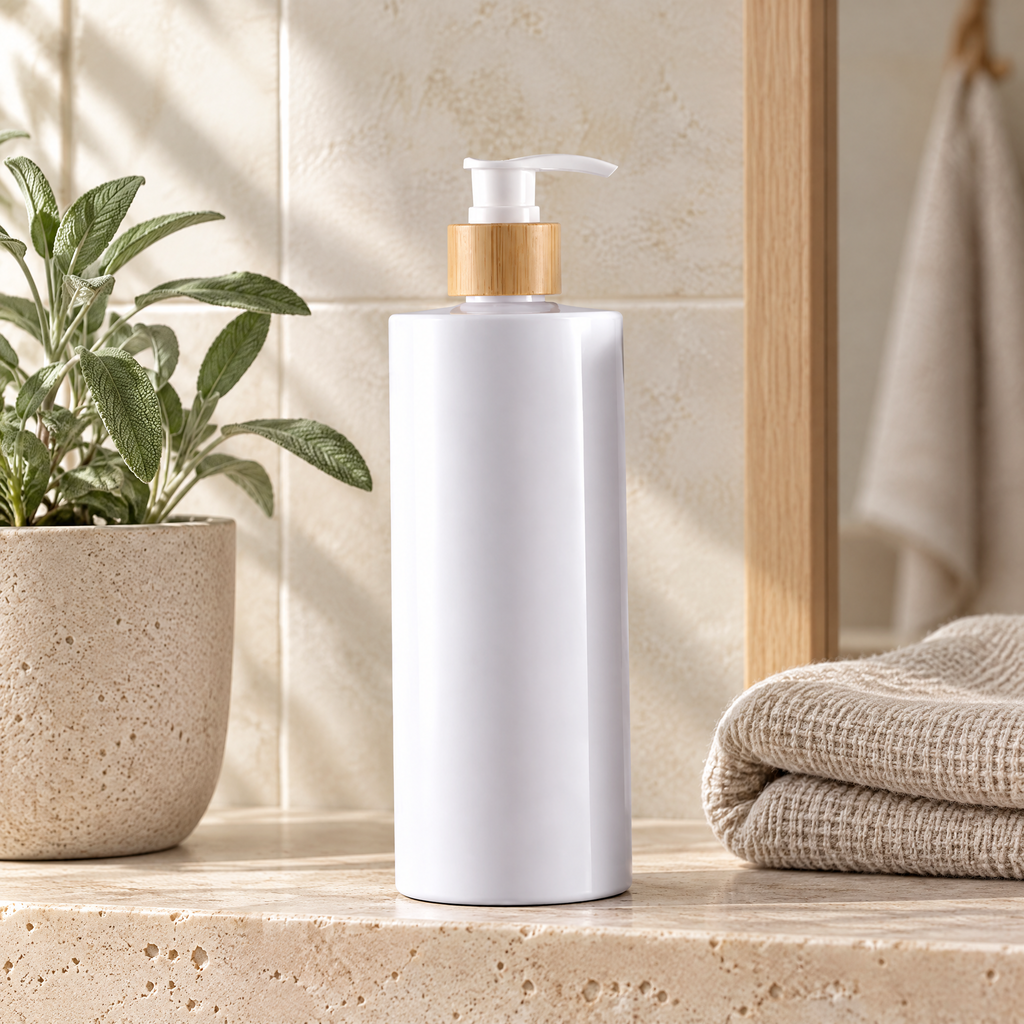 Soap Dispenser Kamila in white with a bamboo pump on a travertine bathroom shelf