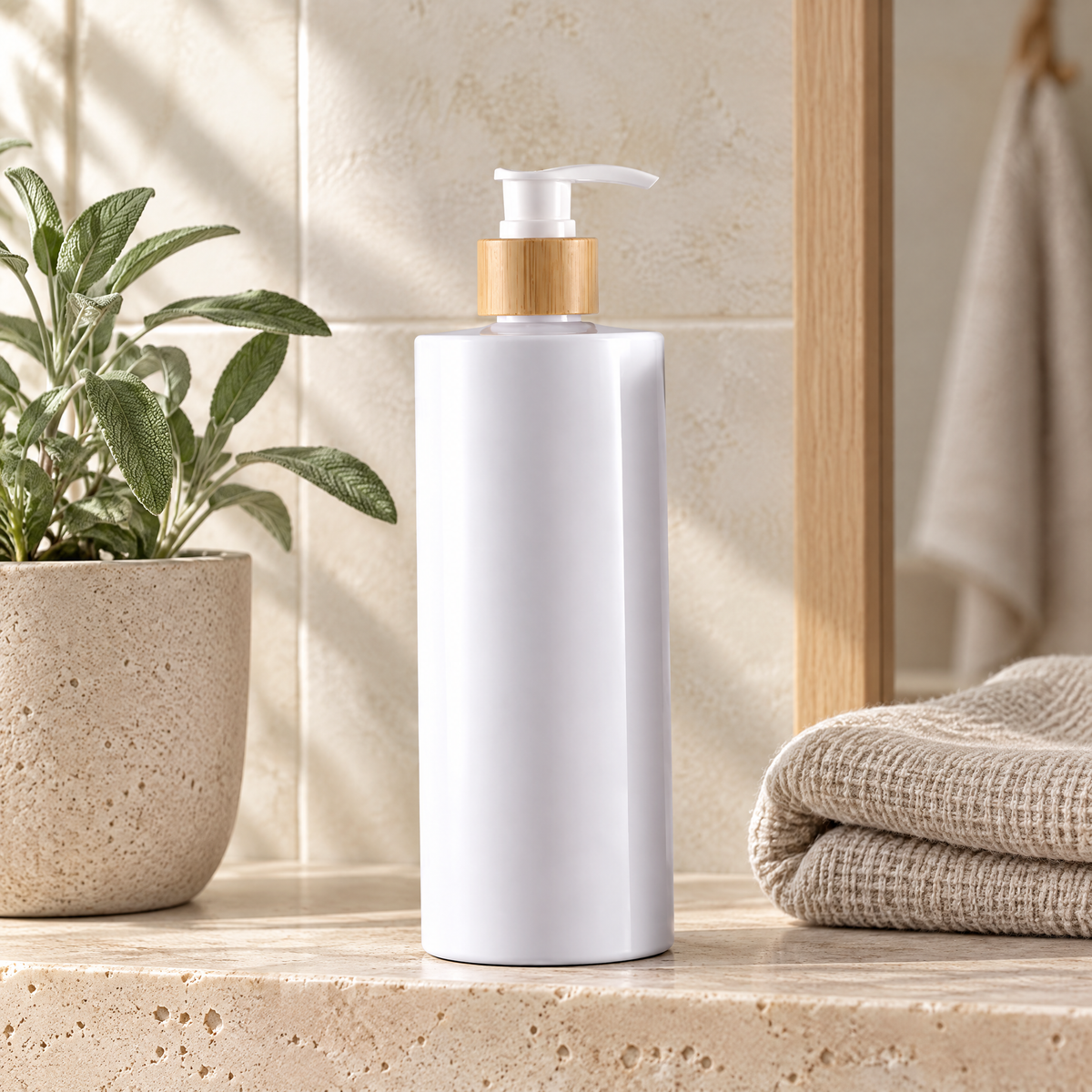 Soap Dispenser Kamila in white with a bamboo pump on a travertine bathroom shelf