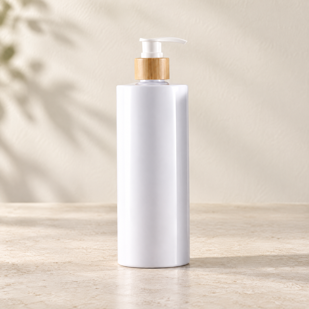 Soap Dispenser Kamila in white with a bamboo pump