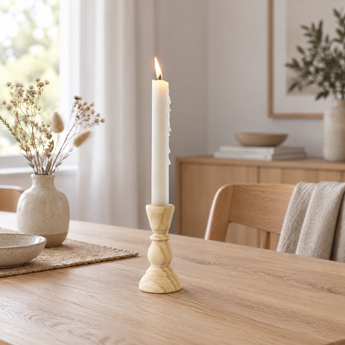 Candlestick Tomáš in natural wood holding a taper candle on an oak table