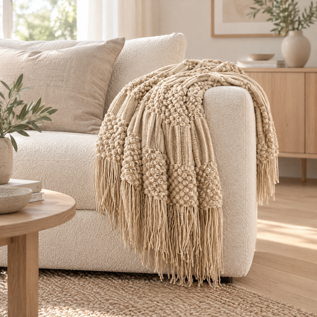 Throw Blanket Eliška in khaki draped over a cream sofa