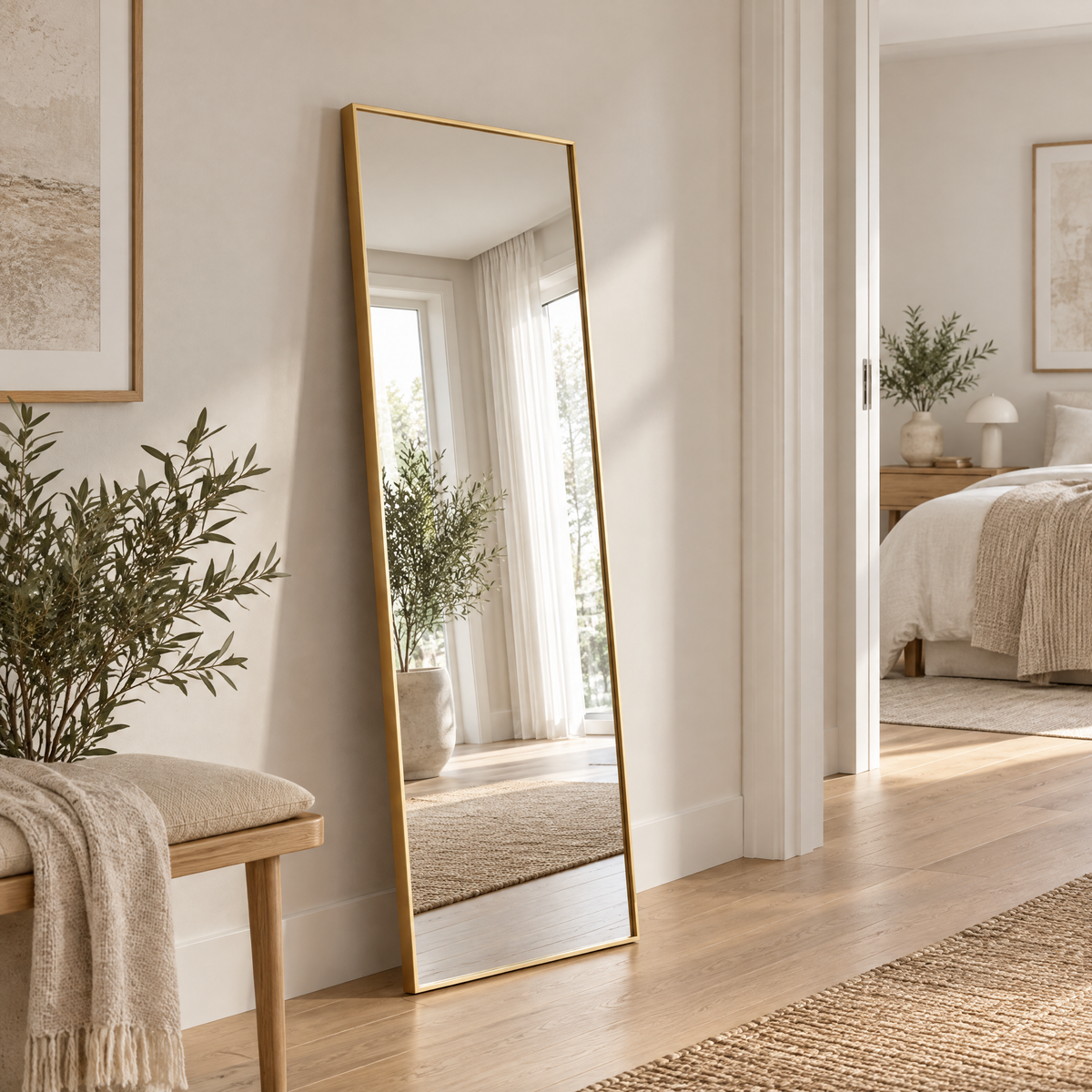 Standing Mirror Ivona, a slim full-length mirror with a gold frame, leaning in a calm Scandinavian hallway