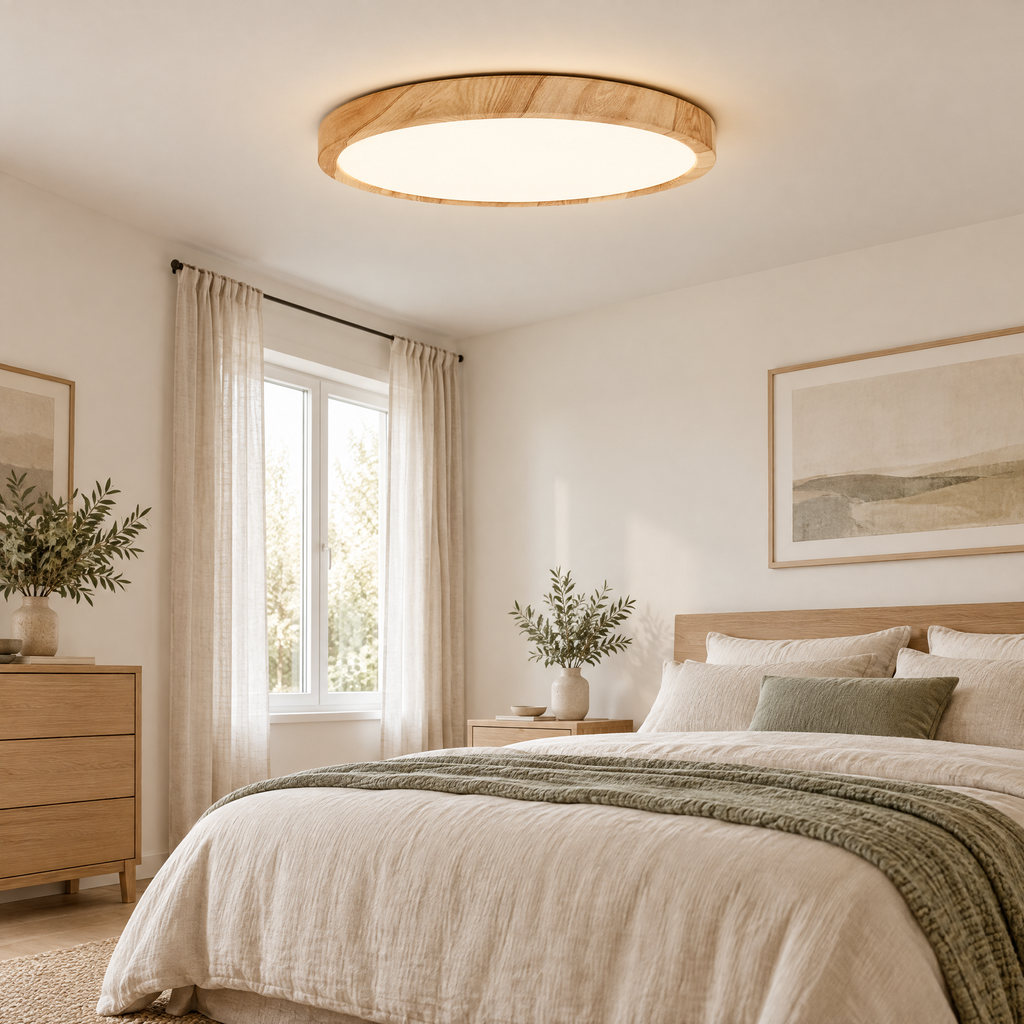 Ceiling Light Viktor, a slim wood-grain LED ceiling light, in a calm Scandinavian bedroom