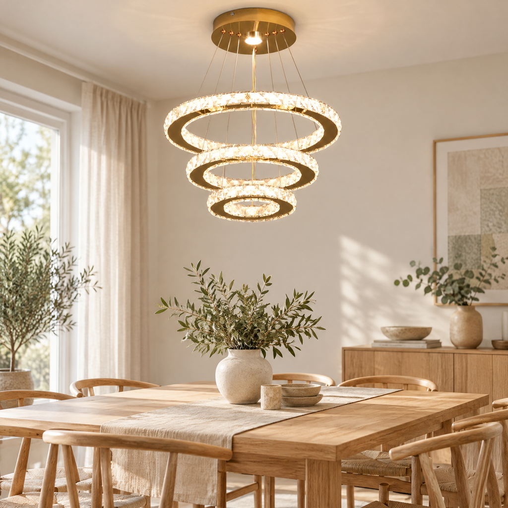 Chandelier Soňa with three crystal rings in gold above a dining table