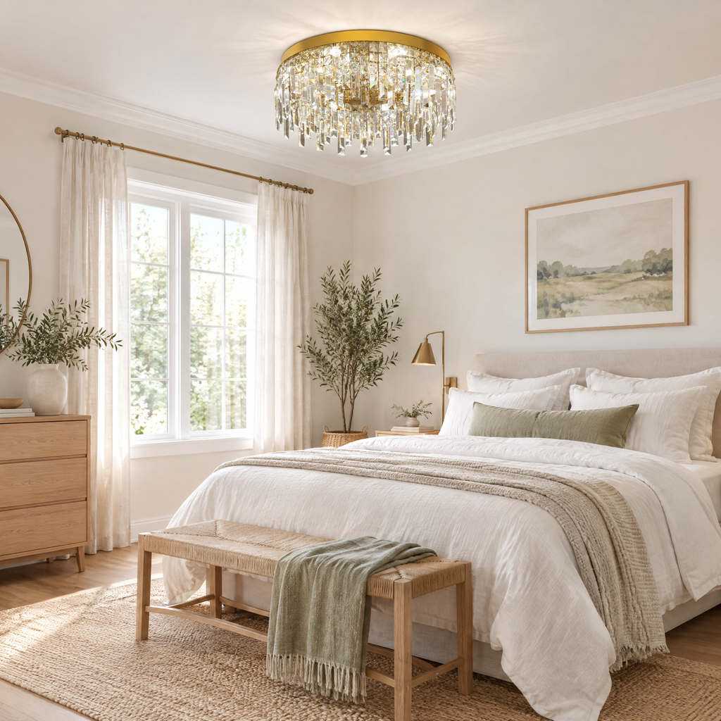 Ceiling Light Bohdan, gold crystal flush-mount light in a calm Scandinavian bedroom