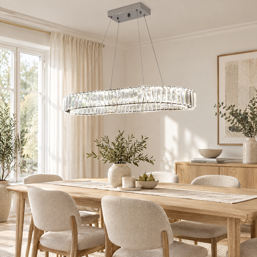 Chandelier Blažej, oval crystal pendant light above a dining table
