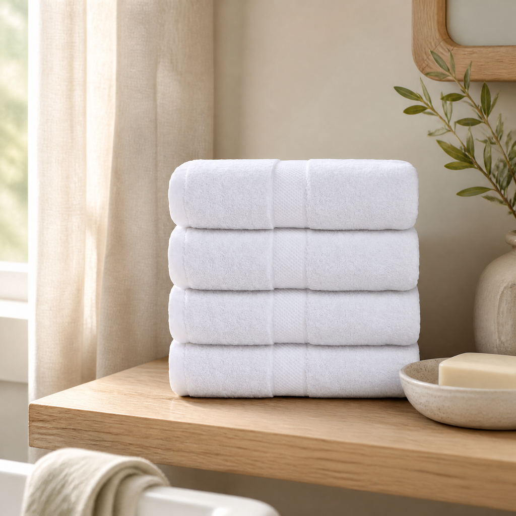 Hand Towel Set Miroslava, four white cotton towels stacked on an oak shelf
