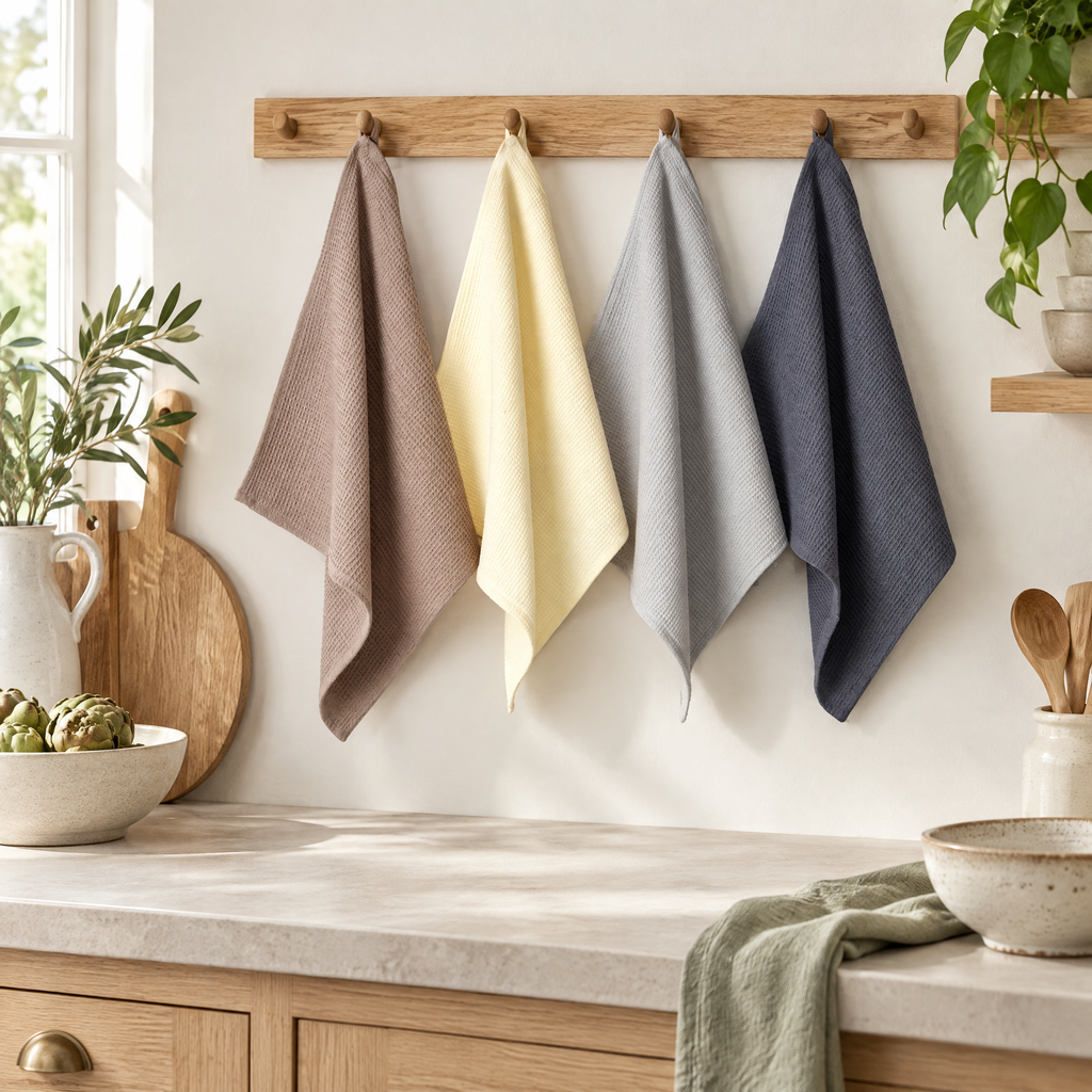 Kitchen Towels Vlasta, four waffle cotton towels hanging in a calm kitchen
