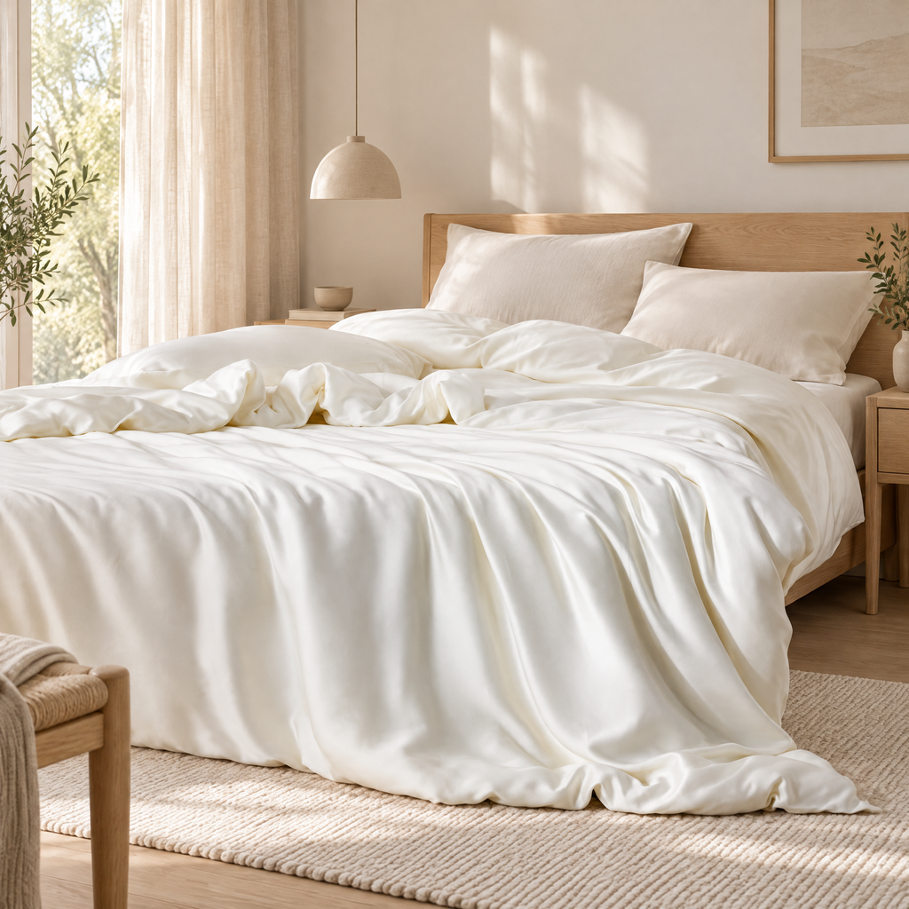 Duvet Cover Terézia in ivory white lyocell on a bed in a calm Scandinavian bedroom