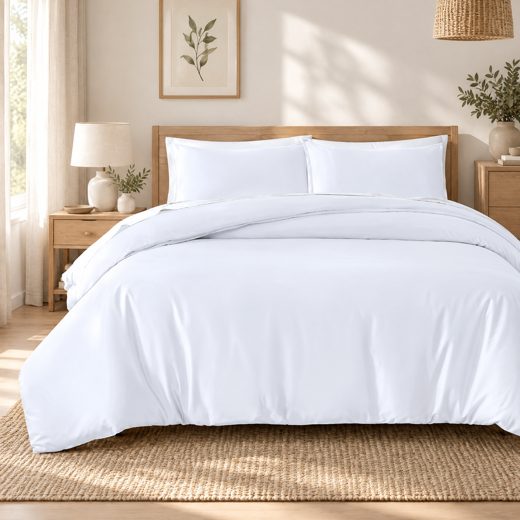 Duvet Cover Set Božena in white with two pillowcases in a calm Scandinavian bedroom