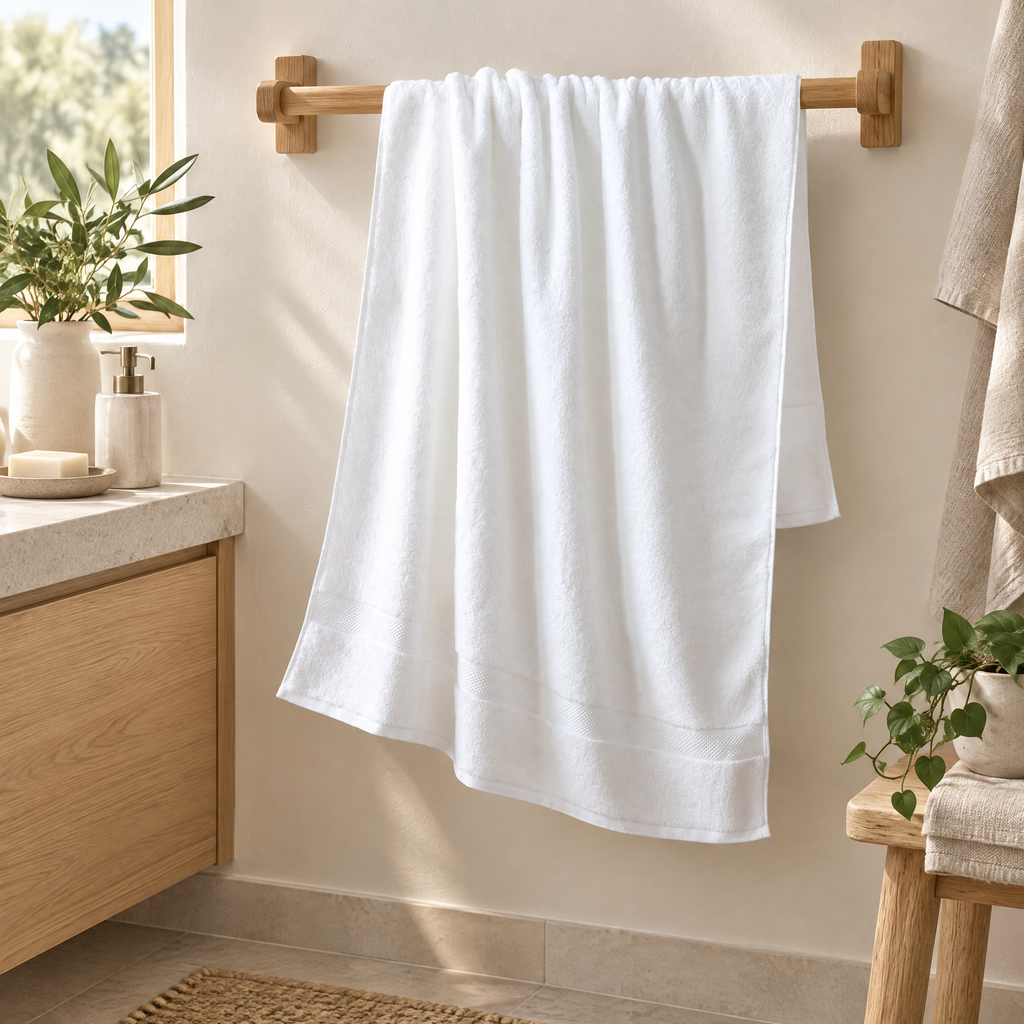 Bath Towel Magda in white hanging on an oak rail in a calm Scandinavian bathroom