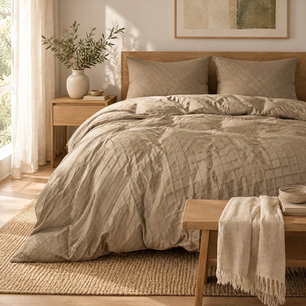 Duvet Cover Set Marta in taupe textured jacquard on a bed in a calm Scandinavian bedroom