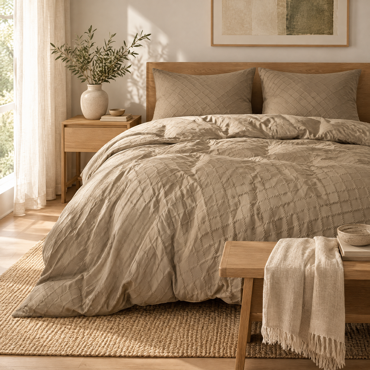 Duvet Cover Set Marta in taupe textured jacquard on a bed in a calm Scandinavian bedroom