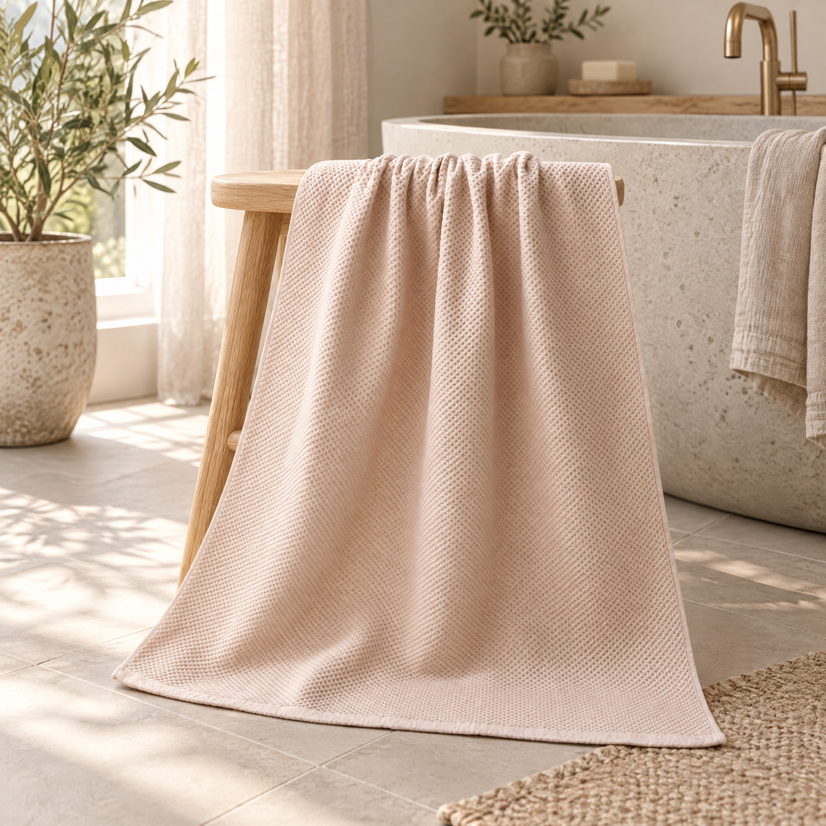 Bath Towel Júlia in beige honeycomb waffle cotton in a calm Scandinavian bathroom