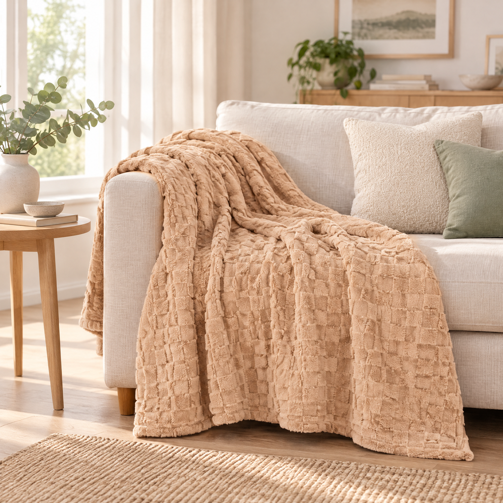 Throw Blanket Sabína in camel draped over a linen sofa in a bright living room