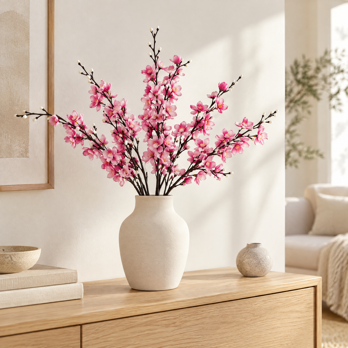 Pink faux plum blossom stems in a cream ceramic vase on a light oak sideboard