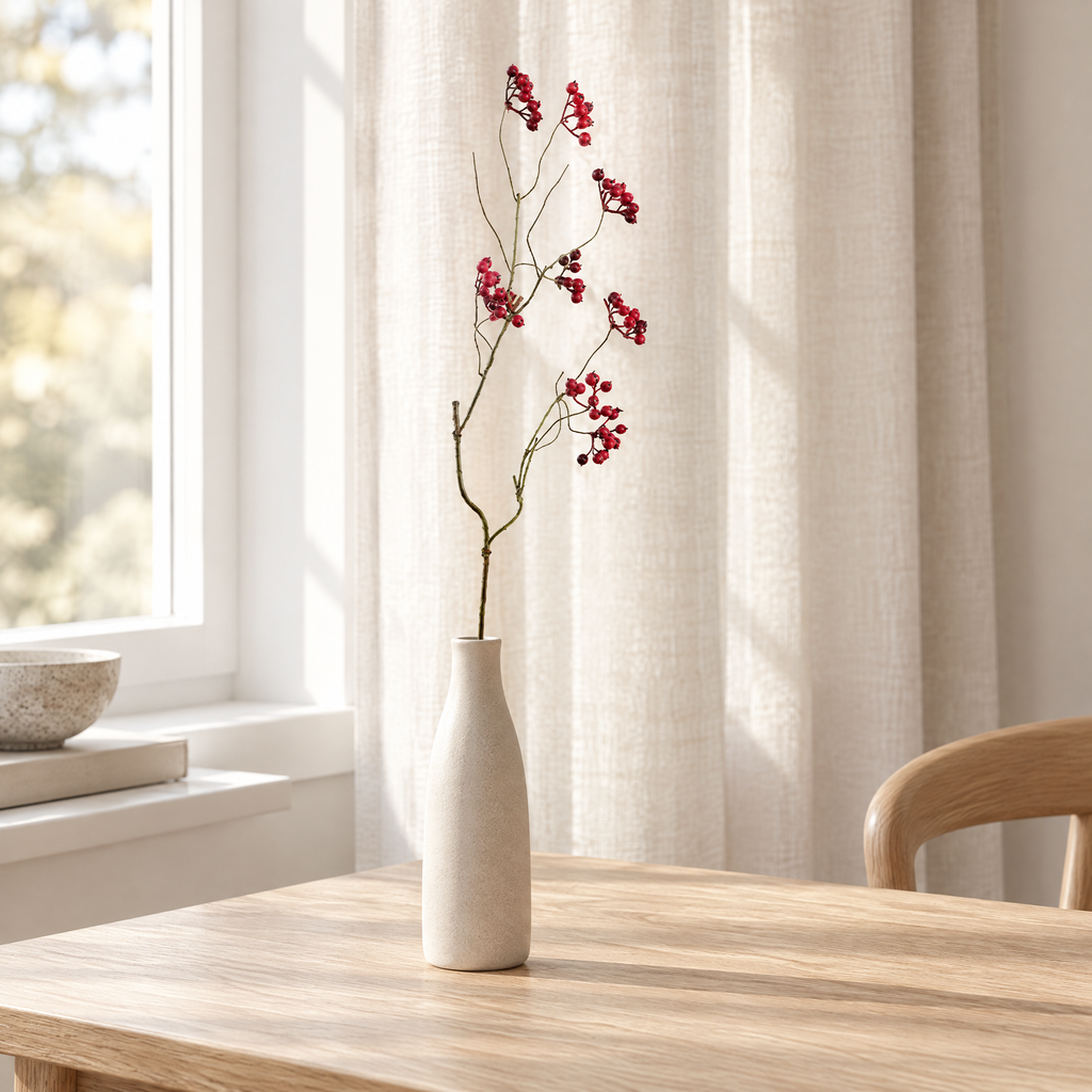 Red faux cranberry berry branch in a slim cream vase on a wooden table